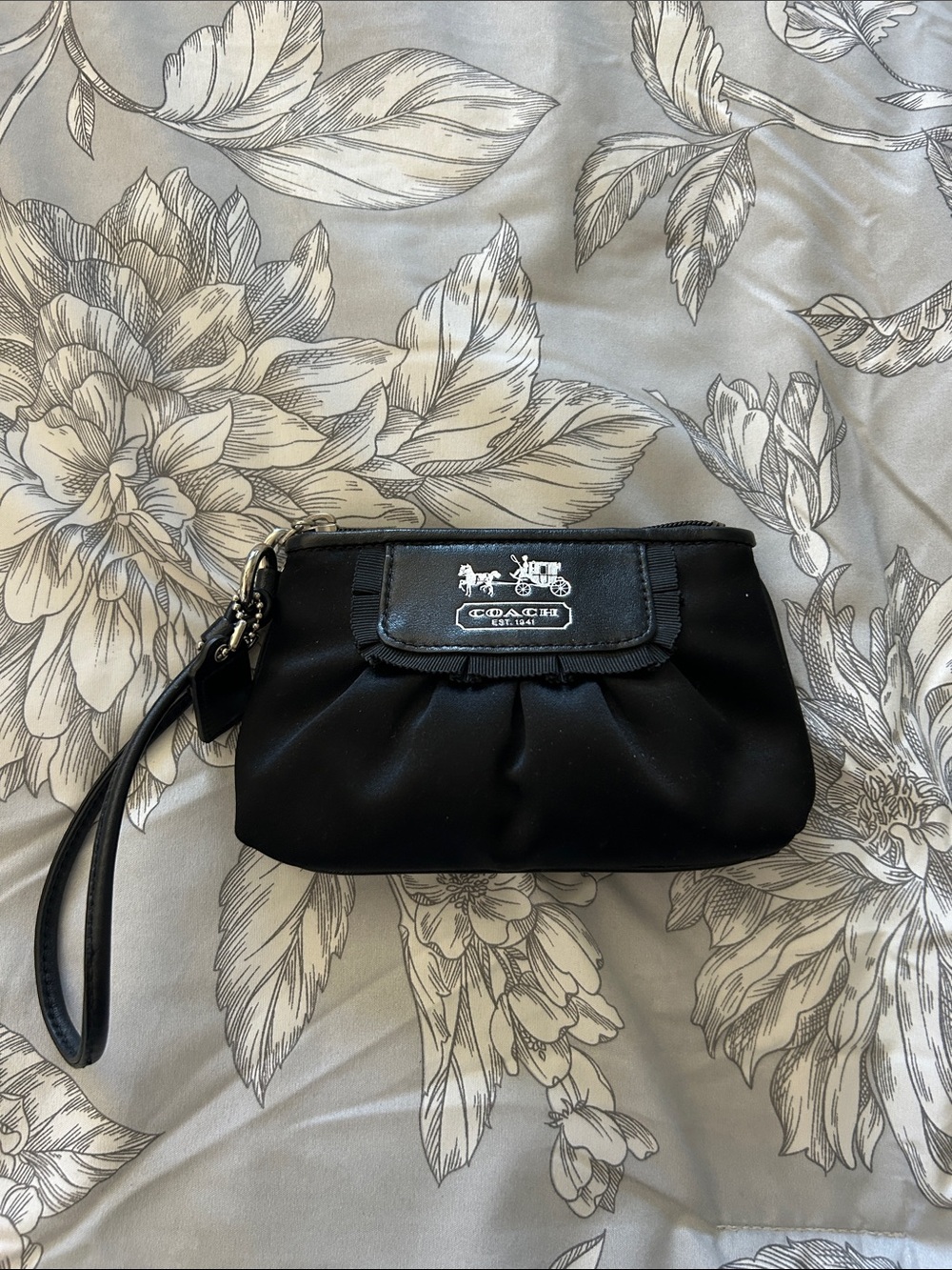 Coach Amanda Gathered Satin Black Wristlet with Silver hardware